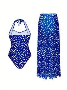 Swim Oasis 大码女式两件套，随机黑白波点印花，时尚休闲度假日常穿着，长款波点网纱裙比基尼套装 - 藍色 - 查看 6