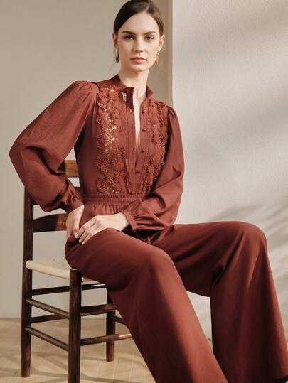 Anewsta סט חולצה עם שרוולים ארוכים וצווארון עומד עם תחרה פרחונית אלגנטית לנשים ומכנסיים רחבים במותן אלסטיים