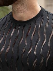 VENTUSAIL Camiseta de manga corta de cuello redondo minimalista y hueca para hombre, de verano - Negro - Ver 3