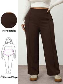 Enliva Plus Size Women's Solid Color Minimalist Straight Leg Casual Pants/ Winter, For Apple And Rounded Body Shape - Coffee Brown - View 1
