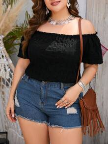 Enliva 露肩荷叶边褶皱衬衫，适合女性办公室穿着，亦可作为度假夏季优雅上衣。 - 黑色 - 查看 3