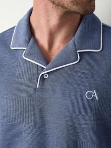 Manfinity Homme Men's Blue Textured Waffle Knit Polo Shirt, Breathable Waffle Fabric/Men's Letter Embroidered Short Sleeve Casual Commuter Polo Shirt Blue Polo Shirt Men Mens Golf Shirt Carolina Blue Shirt Men - Dusty Blue - View 3