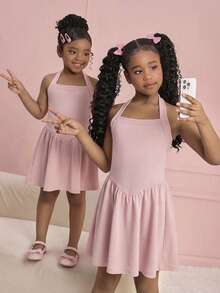 Young Girls Strapless Camisole Dress, Waist Cinched Casual Dress, Versatile For Holiday, Daily Wear, Fashionable & Cute,Kids - Baby Pink - View 3