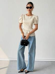 Rafferiza Women's Elegant Commuter Casual Outgoing Date Outfit A-Line Design Short Sleeve Blouse, Spring/Summer - Khaki - View 7