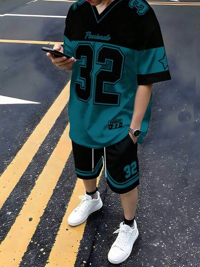 Aesthetic Post Street Style Retro American Basketball Inspired Numeric 32 & Letter Print V-Neck Short Sleeve Shorts Set