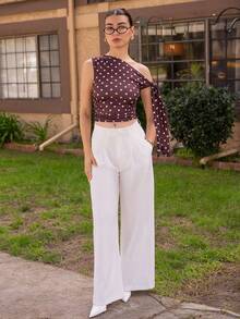 Andrea Bello Women's Summer Vacation Polka Dot Print Slim Fit Asymmetrical Shoulder Top - Coffee Brown - View 3