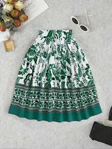 SHEIN Unity 女士印花百褶休闲半身裙，适合度假穿着 - 綠色 - 查看 2