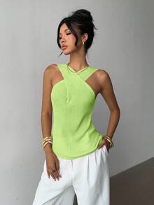 Elenzga Sweater Rajut Wanita Desain Unik Minimalis dengan Kerah Silang Kasual untuk Kembali ke Sekolah, Musim Semi/Gugur - Hijau - View 3