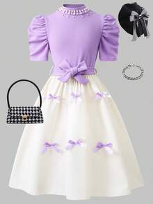 SHEIN Vestido largo de uso diario y casual con estampado y cintura ceñida para niñas - Multicolor - Ver 4