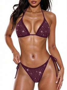 Oceva 女士水钻装饰露背系带性感丁字裤比基尼套装，适合海滩度假 - 酒紅色 - 查看 4