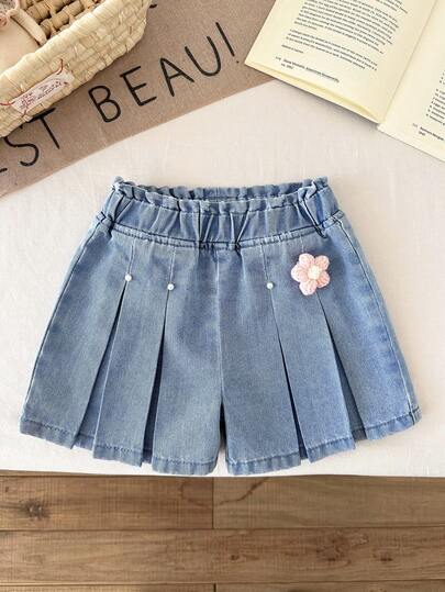 LMoss Kids 女婴串珠粉色针织3D花朵和蓝色牛仔荷叶边短裤