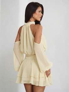 Aloruh Purple-Red Long Sleeve Off-Shoulder Dress, Casual Commuter Elegant Dress With Small Stand Collar, Spring - Beige - View 2