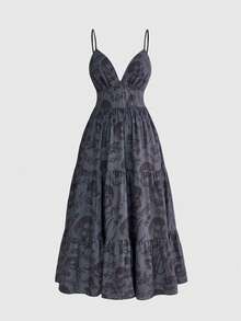 ROMWE Goth Vestido de tirantes talla grande con estampado de rosa gótica, cruz, gato, luna y estrella - Gris - Ver 1