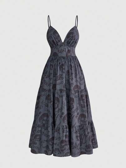 ROMWE Robe nuisette imprimée de rose gothique mystérieuse, croix, chat, lune et étoile, grande taille