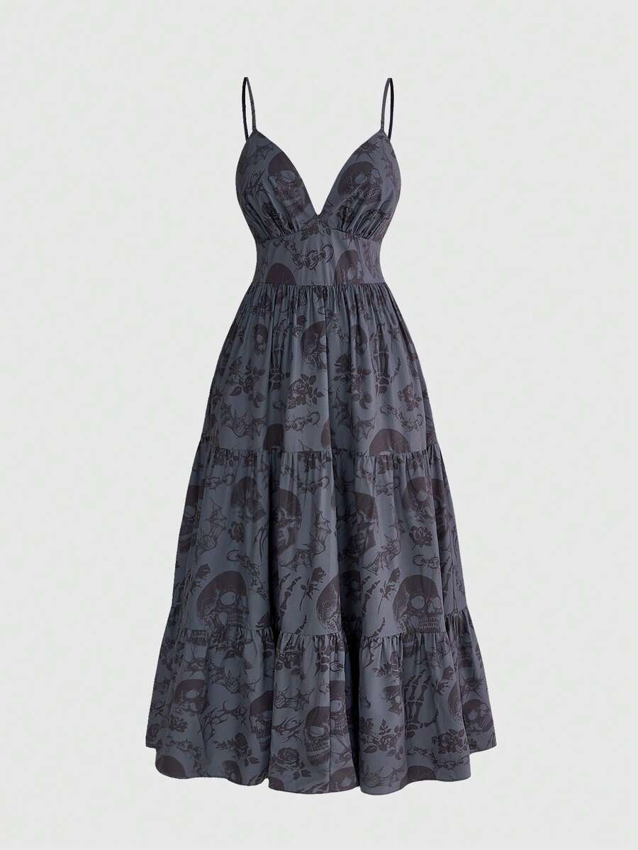 ROMWE Goth Vestido de tirantes talla grande con estampado de rosa gótica, cruz, gato, luna y estrella - Gris - Ver 1