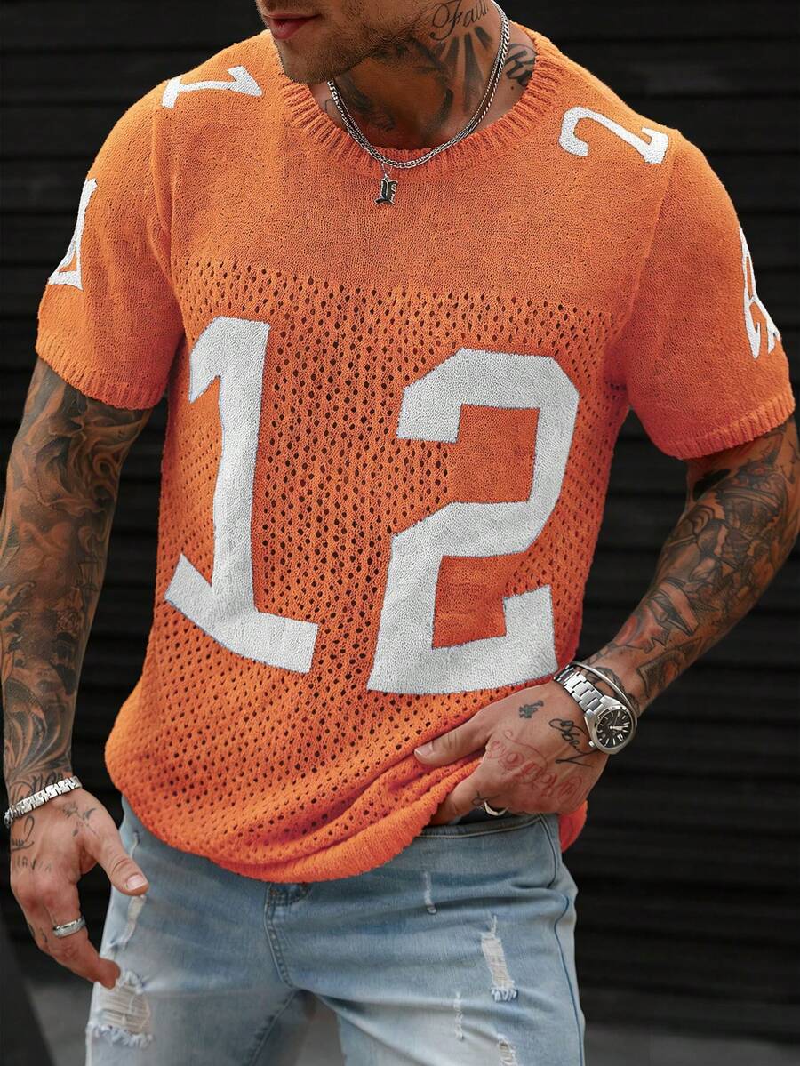 Manfinity LEGND Men's Casual Numeric Pattern Round Neck Knit Short Sleeve Top, Versatile For Daily Wear T Shirt For Men Brand Orange Shirt Number Shirt Jersey Mens Jersey American Football Jersey Mens Football Jersey Miami Jersey Y2k Shirt Zahide T Shirt Work Shirt Tshirt For Men Clothing - Orange - View 1