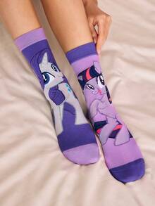 My Little Pony X SHEIN 3双装不对称袜子，柔软透气吸湿，休闲不对称设计，中筒袜，甜美卡通图案，时尚可爱糖果色，女士及女孩袜子，加固趾部和脚跟，经久耐穿，四季皆宜，百搭夏季冬季，图案袜子，Y2K风格，糖果色。 - 彩色 - 查看 5