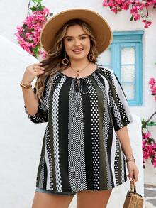 SHEIN CURVE+ Áo kiểu nữ cỡ lớn US22, thích hợp cho lễ hội âm nhạc, kỳ nghỉ ven biển, phong cách bohemian, phối màu kẻ sọc, thích hợp cho kỳ nghỉ hè/đồng quê/bãi biển/trang phục đi biển. - xanh quân đội - Xem 8