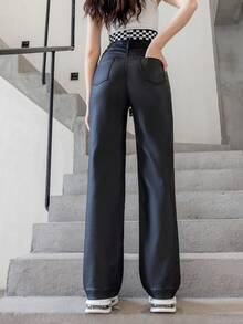 SHEIN Sparklyn 少女 Y2K Y3K 街头服饰复古抽绳腰部弹性涂层直筒牛仔裤，全年必备时尚单品 - 黑色 - 查看 3