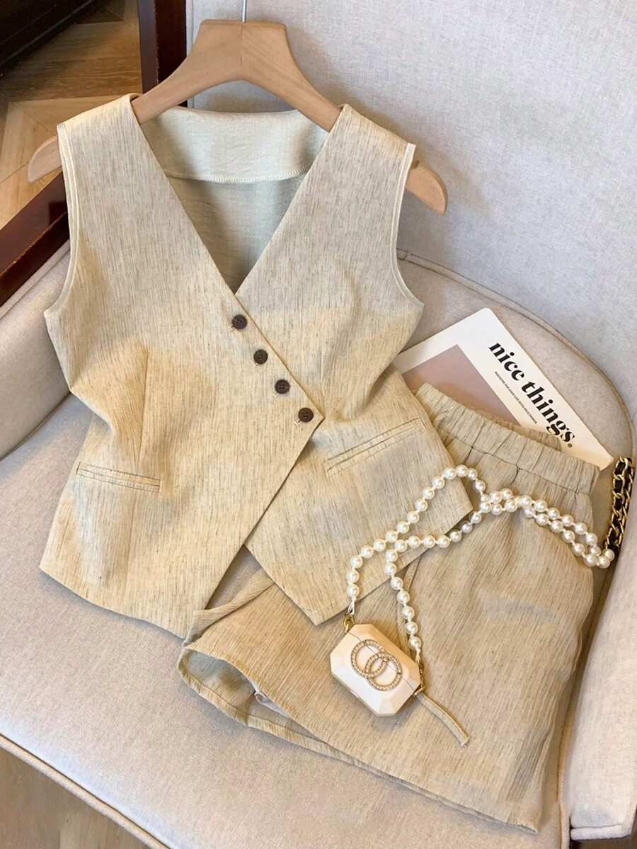 GlowEve Women's Summer Casual Commuting Vest And Shorts 2 Pieces Set - Apricot - View 1