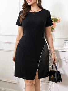 SHEIN Clasi 大码女式休闲圆领短袖拉链设计可爱日常连衣裙 - 黑色 - 查看 5