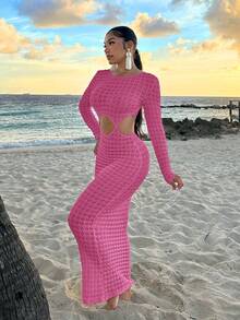 SHEIN SXY Đầm dài màu mơ xuyên thấu gợi cảm dành cho nữ cỡ lớn, thích hợp cho mùa hè, hẹn hò, sinh nhật, tiệc độc thân, mặc thường ngày, đi mua sắm, dạo phố, đi nghỉ mát, đi biển. Dễ phối đồ và giúp bạn trông thon gọn hơn, tôn dáng. - Màu Hồng Tươi - Xem 5