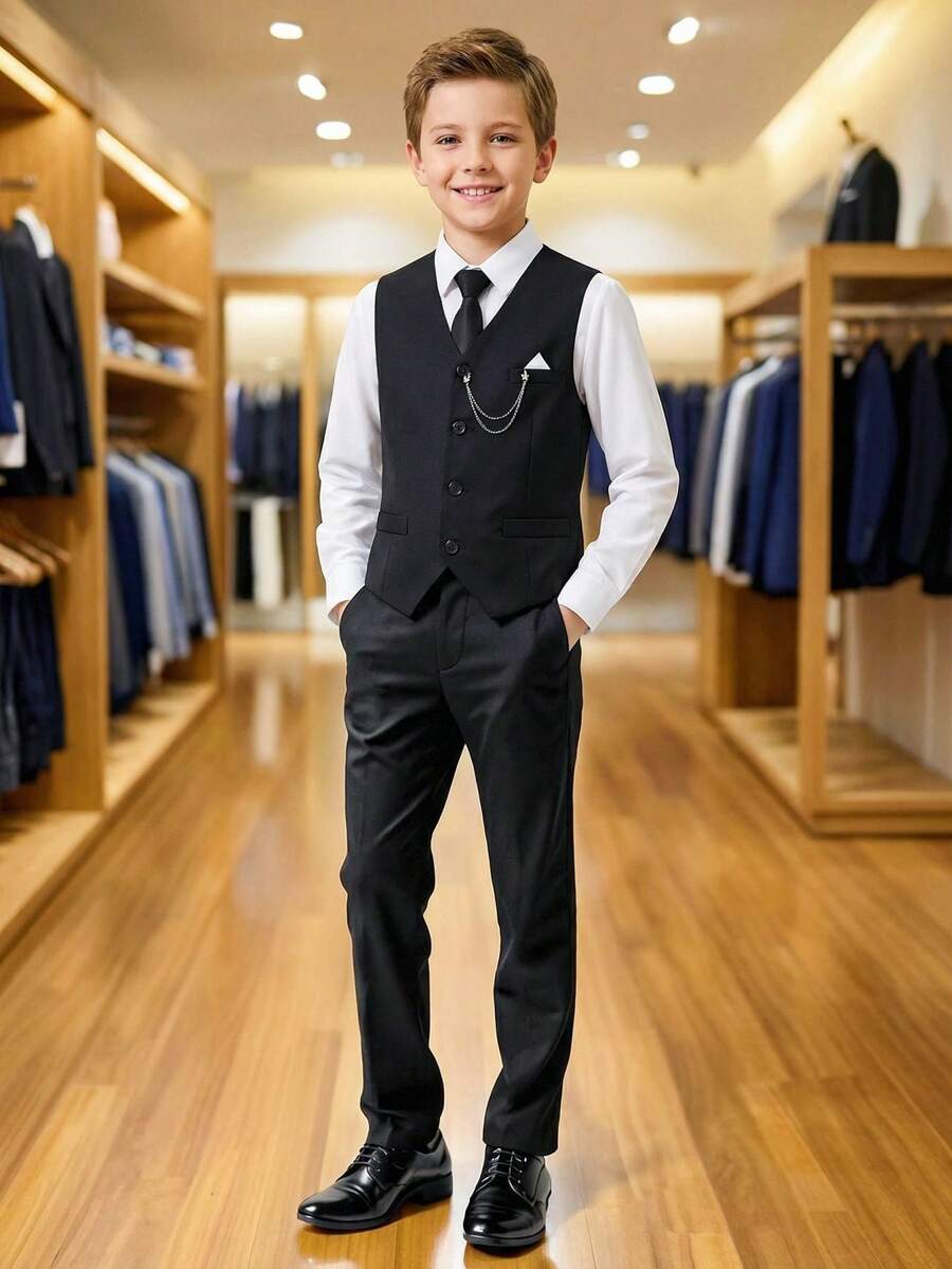 Bộ vest đen 2 món dành cho bé trai tuổi teen, gồm áo vest không tay và quần tây, trang phục lịch sự và trang trọng cho tiệc sinh nhật, sự kiện buổi tối, đám cưới, lễ rửa tội, kỷ niệm, cũng như buổi biểu diễn piano/violin, lễ tốt nghiệp và các dịp trang trọng khác. - màu đen - Xem 1