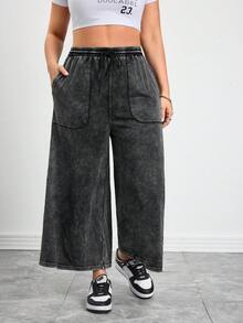SHEIN CURVE+ 大码休闲水洗抽绳腰阔腿牛仔裤，春夏嘉年华服装通勤度假毕业时尚Y2K可爱街头风派对婚礼优雅商务休闲女式大码阔腿裤，带松紧腰带和口袋，水洗黑色 - 黑色 - 查看 4