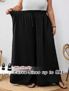 SHEIN CURVE+ 大码纯色高腰阔腿裤，纸袋腰设计，适合夏季度假和海滩穿着 - 黑色 - 查看 1
