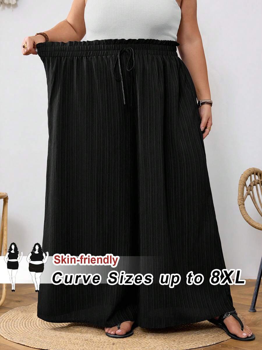 SHEIN CURVE+ 大码纯色高腰阔腿裤,纸袋腰设计,适合夏季度假和海滩穿着 - 黑色 - 查看 1