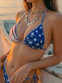 Swim Vcay 26SS Women's Spring/Summer Beach Outfit, Women's Striped & Star Print Halter Backless Sexy Bikini Set, 2pcs - Multicolor - View 4