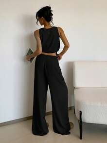 SHEIN EZwear Damset med enfärgat, ärmlöst minimalistiskt design, sommar, 2 delar - Svart - Visa 2