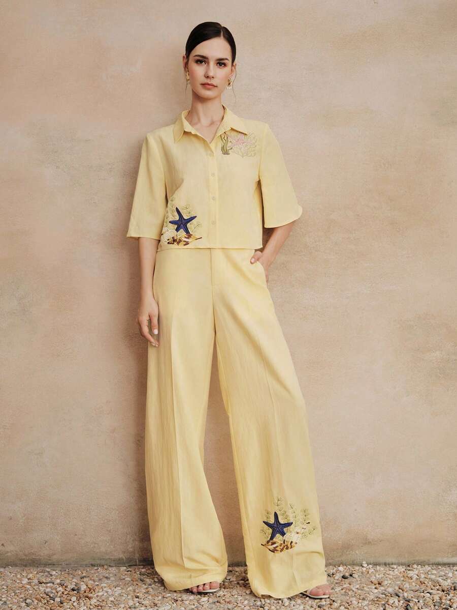 Anewsta 2pcs Starfish Embroidery Collared Cropped Shirt & Wide Leg Pants Set - Yellow - View 1
