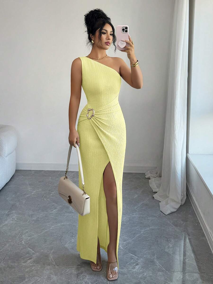 Selianne 新款时尚女士纯色性感不对称肩部扭结褶皱长裙，不对称领口针织纹理修身款式，扭结开衩设计鸡尾酒会礼服，优雅女士服饰，春夏度假、派对、情人节连衣裙 - 黃色 - 查看 1