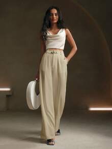 Anewsta Petite Pantalon de costume moderne urbain de couleur unie avec décoration métallique, nouvelle collection printemps - Crème - Voir 5