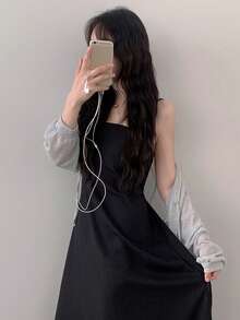 DAZY Women's Casual Mid-Length Solid Color Dress, Korean Style Sundress Summer Petite - Black - View 9