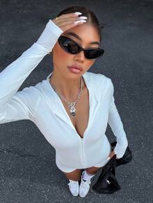 Muchica Sexy Pleated, Low-Cut, Backless Halter-Neck Bodysuit For Women, Perfect For Summer Outings. - White - View 5