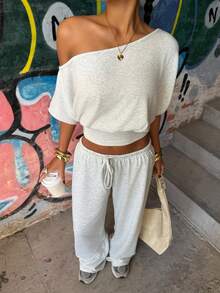 Muchica 女士纯色不对称肩部上衣和抽绳腰阔腿裤休闲两件套 - 灰色 - 查看 1