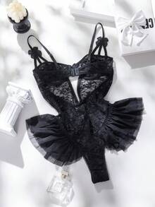 Crystal Vow Butterfly Lace Mesh Ruffle Trim Underwire Bodysuit, Sexy & Sheer For Women - Black - View 2
