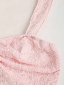 Sweetra Petite Áo tank top ngắn tay màu hồng nhạt ngọt ngào, thắt nơ ren, dáng bất đối xứng, tôn dáng, thích hợp cho kỳ nghỉ xuân/hè, dành cho phụ nữ nhỏ nhắn. - Hồng - Xem 5