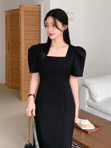 DAZY Đầm midi tay cánh hoa màu trơn thanh lịch dành cho nữ, đầm hè chống nắng cho nữ. - màu đen - Xem 5