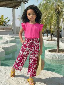 两件套女童针织纯色圆领荷叶边T恤和碎花裤套装 - 彩色 - 查看 4