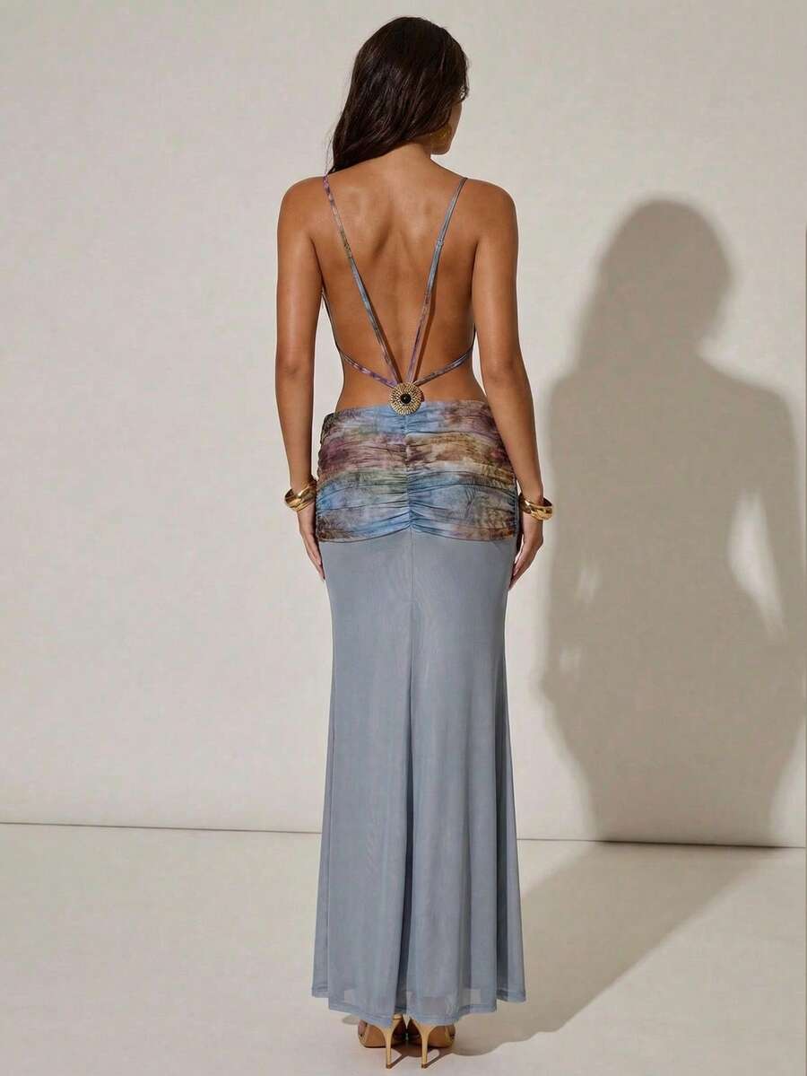 SHEIN BAE Đầm nữ mùa xuân/hè phối lưới họa tiết hoa, cổ yếm hở lưng, thích hợp cho kỳ nghỉ biển, đầm đi nghỉ gợi cảm, đầm in hoa. - Màu tím - Xem 1