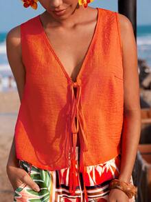 Travachic 2026春夏新款印花长裤+撞色系带无袖背心两件套，度假风，梭织印花，女士休闲夏季度假装，波西米亚海滩度假装，波西米亚时尚，乡村音乐会装，节日庆典装，女士海滩装，女士夏季装，复古富家女装，毕业典礼装，夏季连衣裙，女士生日礼服，波西米亚风服饰 - 彩色 - 查看 8