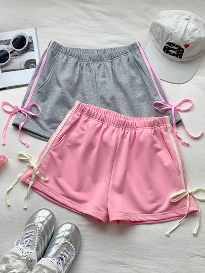 CovetEZ 2枚 カジュアル ミニマリスト マカロン カラー ストライプ リボン ウエストドロー レディース ショーツ、バレンタインデー