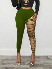 BamGleam Quần skinny nữ dáng ôm gợi cảm mới mùa thu, họa tiết dây xích kim loại rách. - xanh quân đội - Xem 4