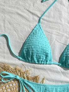SHEIN Swim 女士夏季沙滩纯色挂脖系带休闲比基尼和三角泳裤套装 - 藍色 - 查看 3