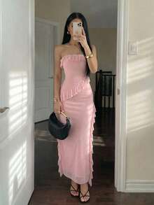Firerie 女士优雅精致浪漫露背荷叶边长裙，适合晚宴、婚礼、派对、约会、鸡尾酒会、音乐节等场合 - 粉色 - 查看 2