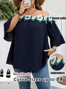 SHEIN CURVE+ Curve 尺码 US22 音乐节、海滨度假、波西米亚风女士露肩花卉装饰时尚喇叭袖衬衫夏季上衣 - 黑色 - 查看 11