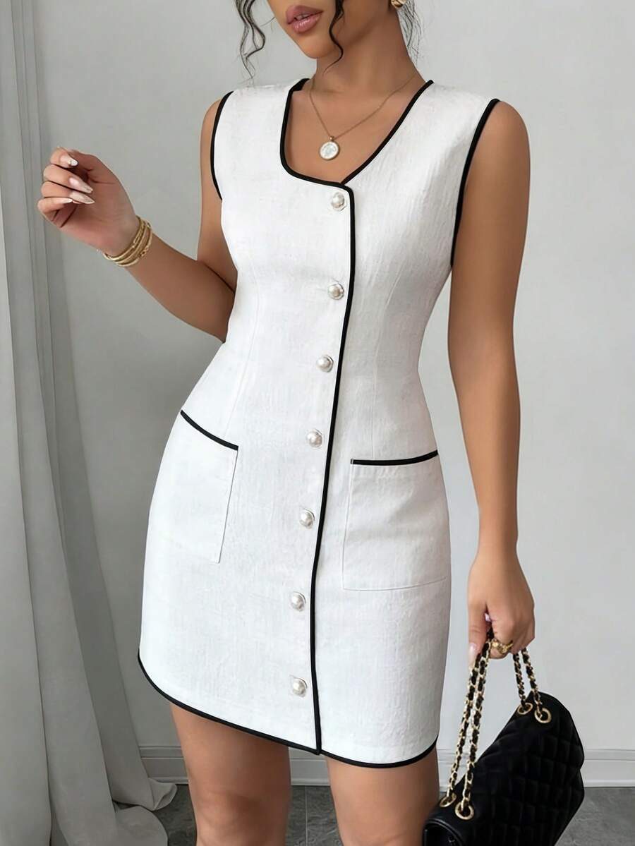Selianne 女士优雅通勤撞色滚边前扣无袖迷你连衣裙 - 白色 - 查看 1